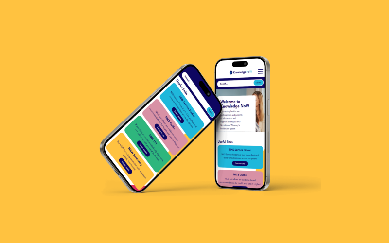 The Knowledge NoW website on two mobile devices with one slightly tilted and leaning on the other, with a yellow background