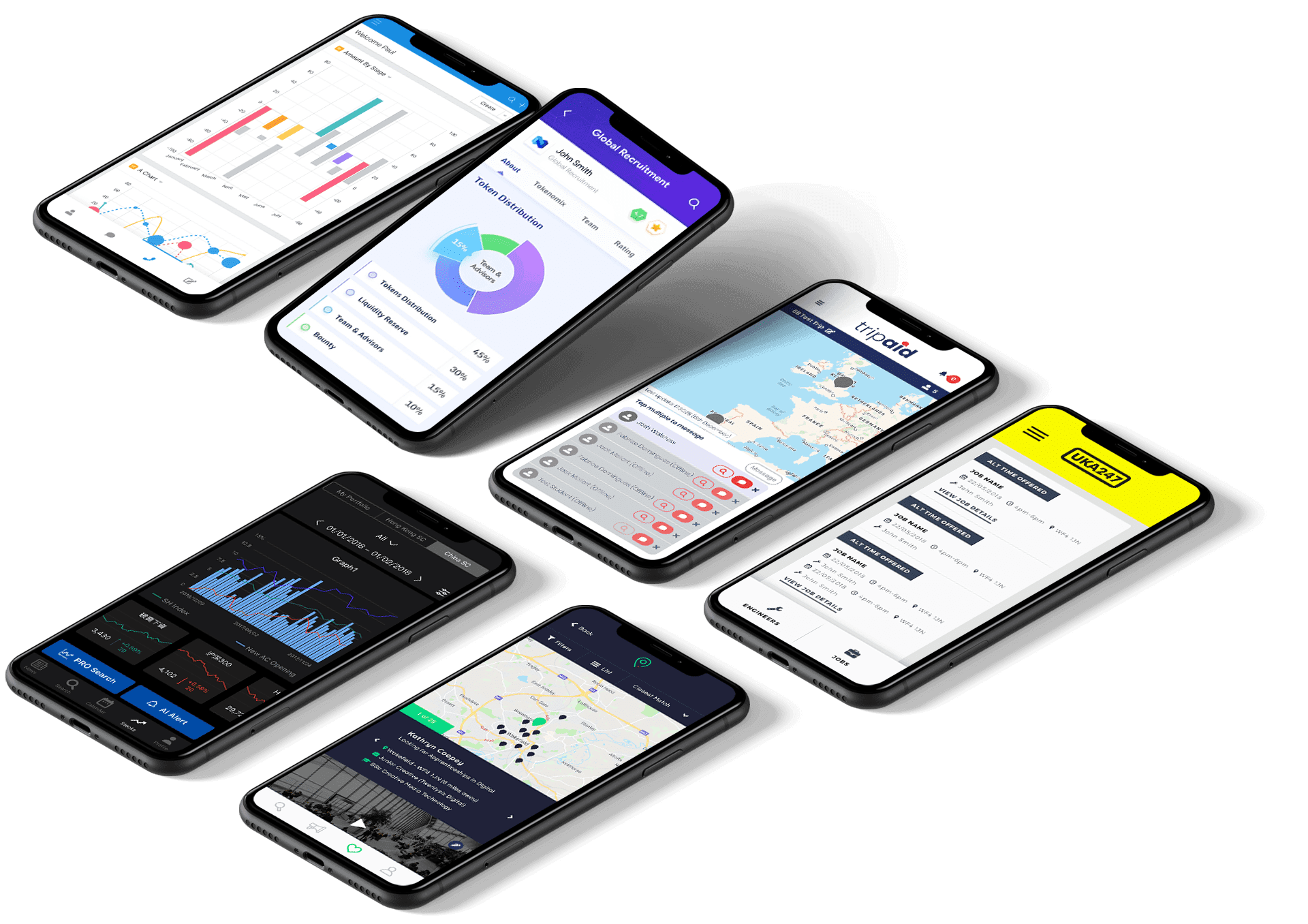 Mobile devices showcasing multiple of 6B's mobile apps